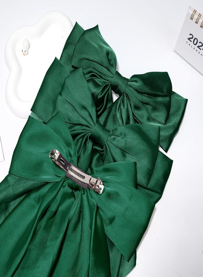 TULOBI Large Silky Satin Bows 3Pcs Green Hair Ribbons for Women - Cute Coquette Bow Clips with Long Tails and Ponytail Barrettes - Image 5